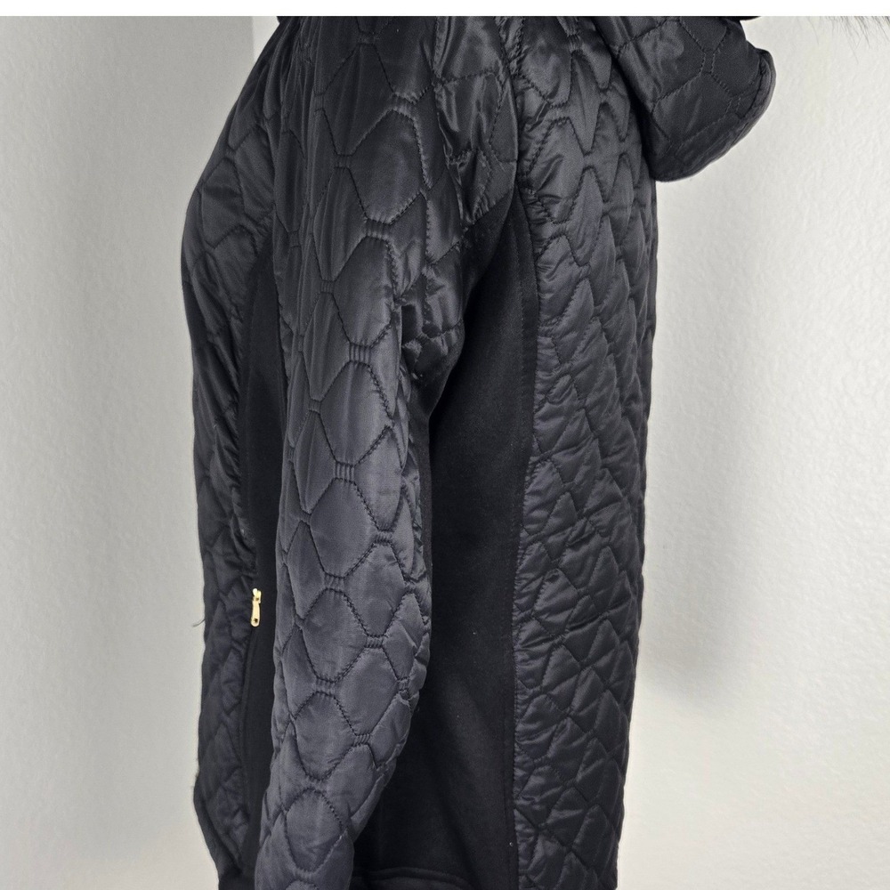 Michael‎ Kors Women Black Quilted Puffer Jacket Hooded Faux Fur Trim Gold Logo M - Picture 10 of 14